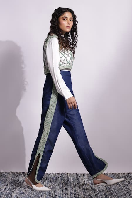Devina Juneja Thin Denim Pant with Cotton Webbing Border 
