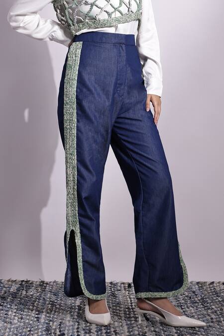 Devina Juneja Blue Denim Thin Pant With Cotton Webbing Border Online at Aza Fashions Devina Juneja_Blue Denim Thin Pant With Cotton Webbing Border _Online_at_Aza_Fashions