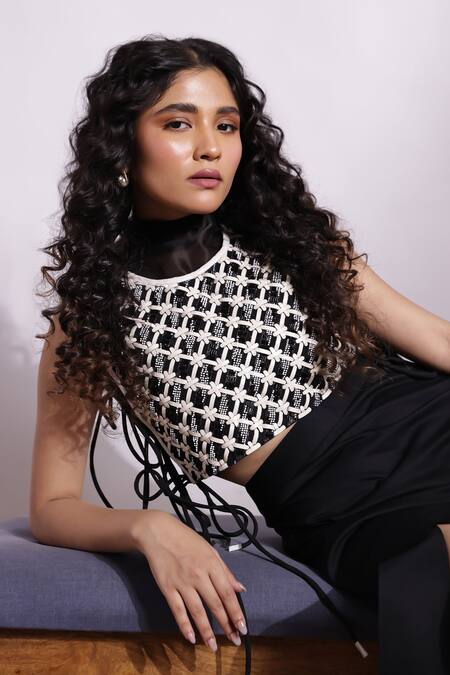 Devina Juneja Black Leather High Neck Black-white Designer Vest Online at Aza Fashions Devina Juneja_Black Leather High Neck Black-white Designer Vest _Online_at_Aza_Fashions