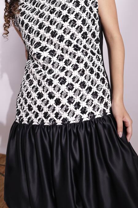 Devina Juneja Black Satin, Crepe Pearls V-neck And White Lace Kennedy Dress Online at Aza Fashions Devina Juneja_Black Satin, Crepe Pearls V-neck And White Lace Kennedy Dress _Online_at_Aza_Fashions