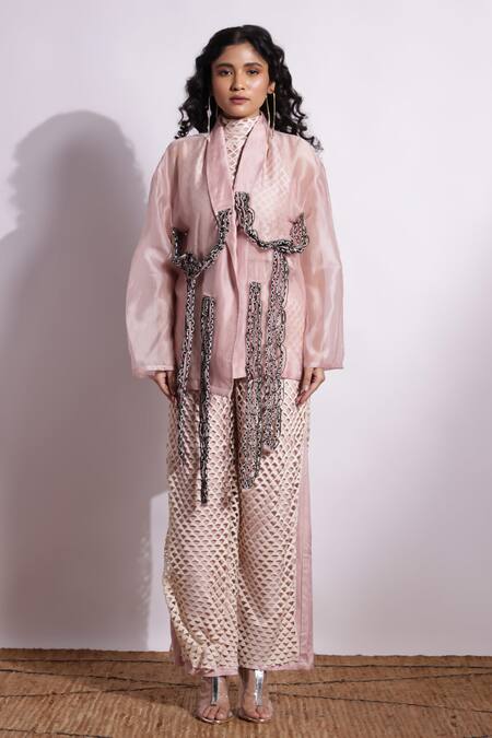 Devina Juneja_Rose Gold Organza Embroidery Blazer With Metallic Weave _Online_at_Aza_Fashions