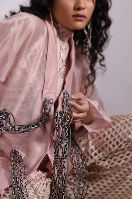 Buy_Devina Juneja_Rose Gold Organza Embroidery Blazer With Metallic Weave _Online_at_Aza_Fashions