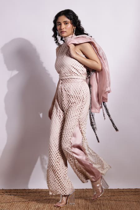 Devina Juneja Lasercut Halter & Flared Pant Set 