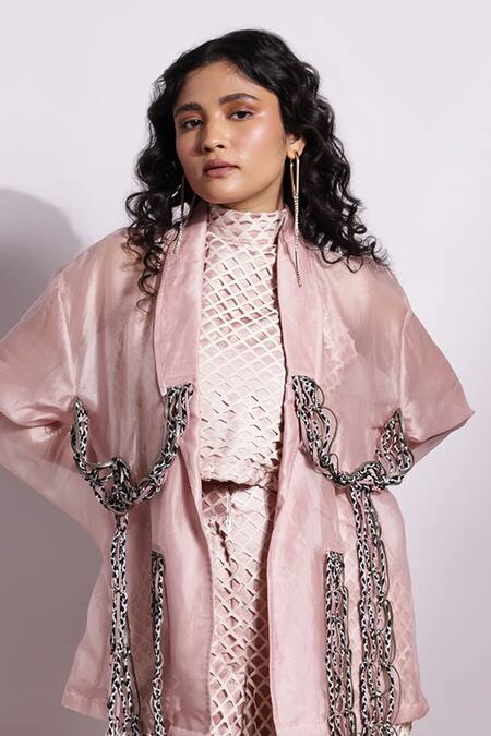 Devina Juneja_Pink Crepe, Satin Halter Neck Lasercut And Flared Pant Set _Online_at_Aza_Fashions