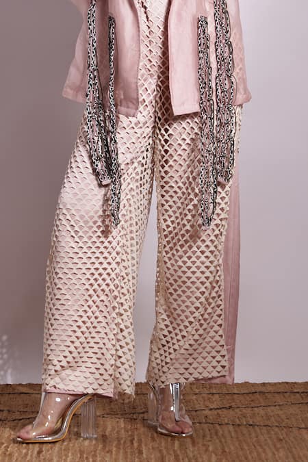 Buy_Devina Juneja_Pink Crepe, Satin Halter Neck Lasercut And Flared Pant Set _Online_at_Aza_Fashions
