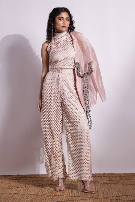 Shop_Devina Juneja_Pink Crepe, Satin Halter Neck Lasercut And Flared Pant Set _Online_at_Aza_Fashions