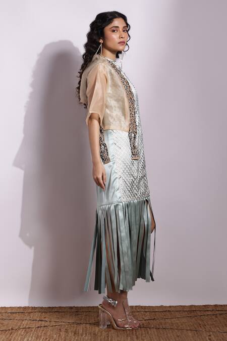 Devina Juneja_Mint Satin Round Neck Lasercut Dress _Online_at_Aza_Fashions