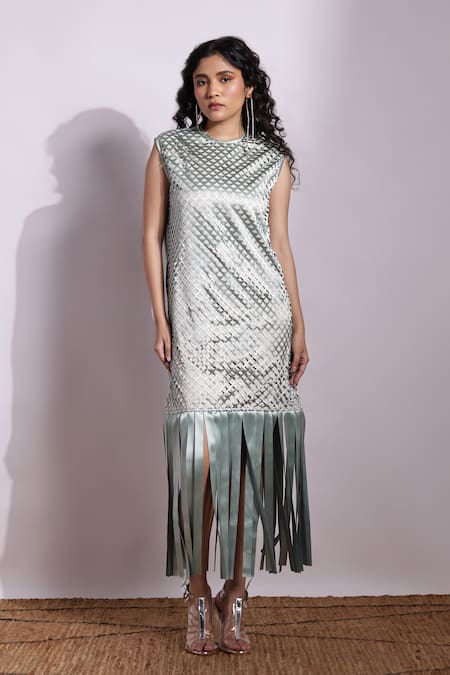 Devina Juneja Mint Lasercut Satin Dress 