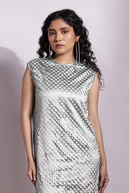 Buy_Devina Juneja_Mint Satin Round Neck Lasercut Dress _Online_at_Aza_Fashions
