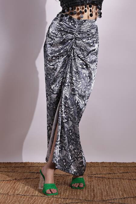 Devina Juneja_Multi Color Satin Eye Print Mashru Luna Skirt _Online_at_Aza_Fashions
