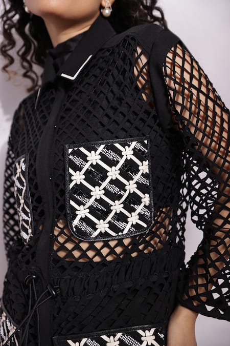 Shop_Devina Juneja_Black Crepe Embroidery Collared Kennedy Lasercut Drawstring Top _Online_at_Aza_Fashions