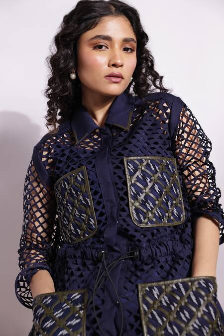 Devina Juneja_Navy Crepe Collared Lasercut Drawstring Dress _Online_at_Aza_Fashions