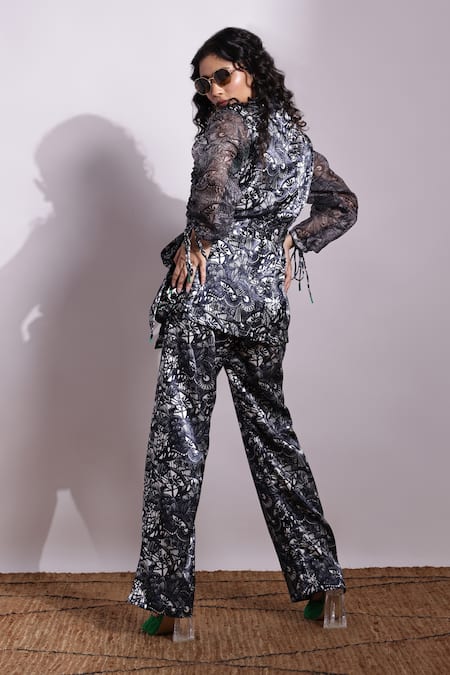 Shop_Devina Juneja_Multi Color Organza V-neck Eye Print Wraptop _at_Aza_Fashions