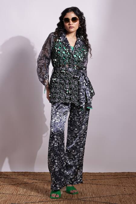 Buy_Devina Juneja_Multi Color Organza V-neck Eye Print Wraptop _Online_at_Aza_Fashions