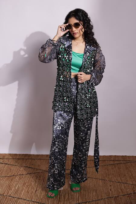 Shop_Devina Juneja_Multi Color Organza V-neck Eye Print Wraptop _Online_at_Aza_Fashions