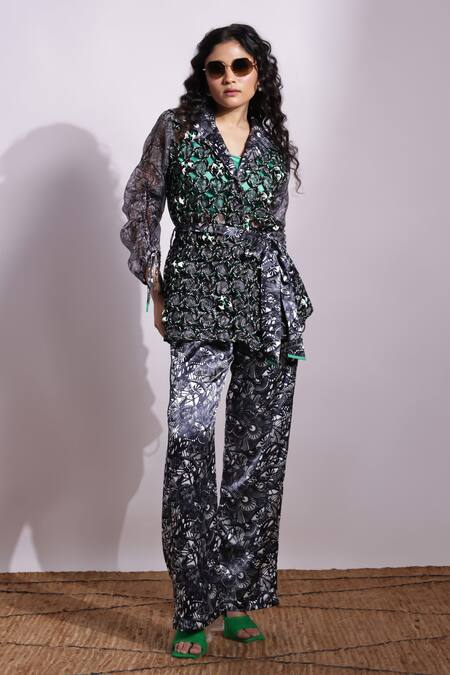 Devina Juneja_Green Crepe, Satin Sequins Eye Print Crop Top And Palazzo Set _Online_at_Aza_Fashions