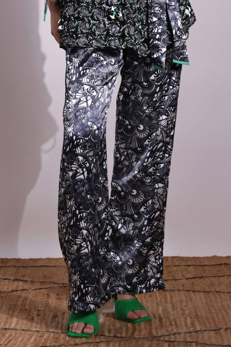 Buy_Devina Juneja_Green Crepe, Satin Sequins Eye Print Crop Top And Palazzo Set _Online_at_Aza_Fashions
