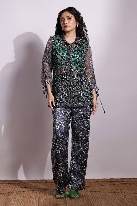 Shop_Devina Juneja_Black Organza Collared Printed Appliqued Luna Shirt _at_Aza_Fashions
