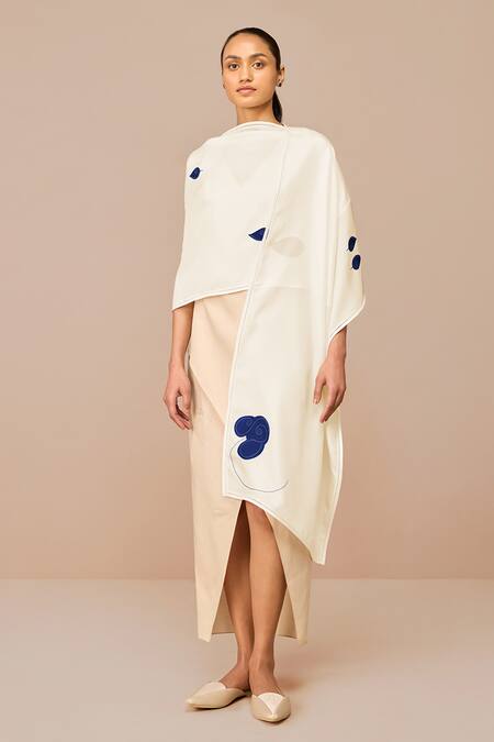 Ampm Ivory Embroidery Xena Silk Scarf With Indigo Flowers Online at Aza Fashions Ampm_Ivory Embroidery Xena Silk Scarf With Indigo Flowers _Online_at_Aza_Fashions