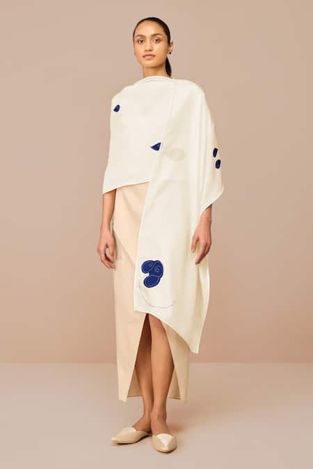 Shop Ampm Ivory Embroidery Xena Silk Scarf With Indigo Flowers at Aza Fashions Shop_Ampm_Ivory Embroidery Xena Silk Scarf With Indigo Flowers _at_Aza_Fashions