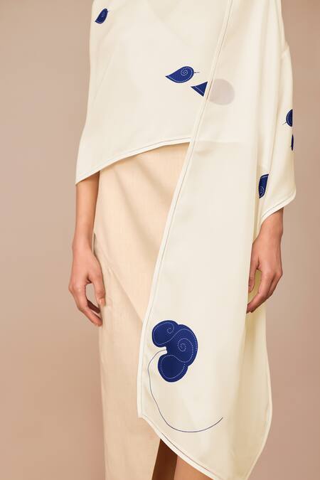 Buy Ampm Ivory Embroidery Xena Silk Scarf With Indigo Flowers Online at Aza Fashions Buy_Ampm_Ivory Embroidery Xena Silk Scarf With Indigo Flowers _Online_at_Aza_Fashions