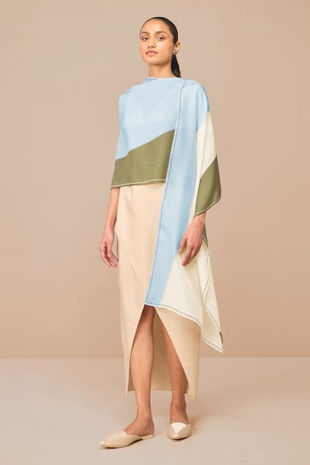 Shop Ampm Blue Iko Silk Color Block Scarf at Aza Fashions Shop_Ampm_Blue Iko Silk Color Block Scarf _at_Aza_Fashions