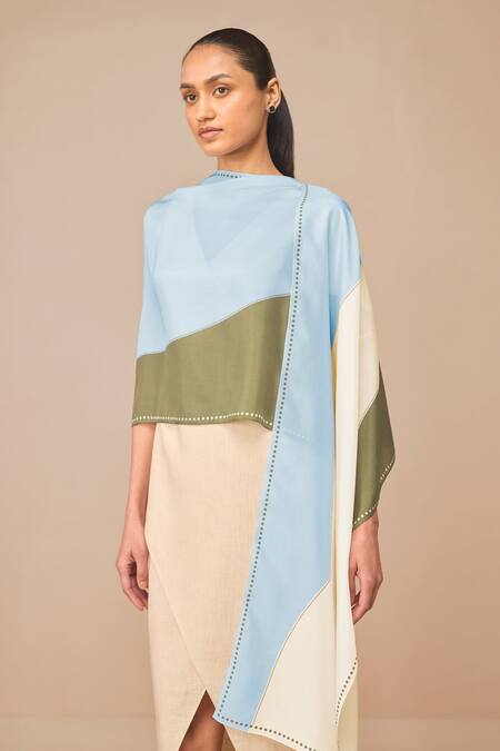 Ampm Blue Iko Silk Color Block Scarf Online at Aza Fashions Ampm_Blue Iko Silk Color Block Scarf _Online_at_Aza_Fashions