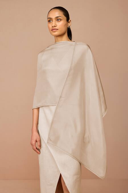 Ampm_Beige Silk Lois Scarf _Online_at_Aza_Fashions