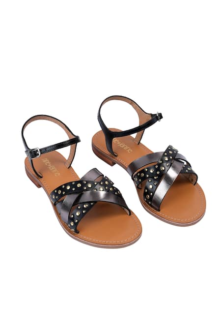 Nine By Janine Black Leather Rivet Strap Flats 