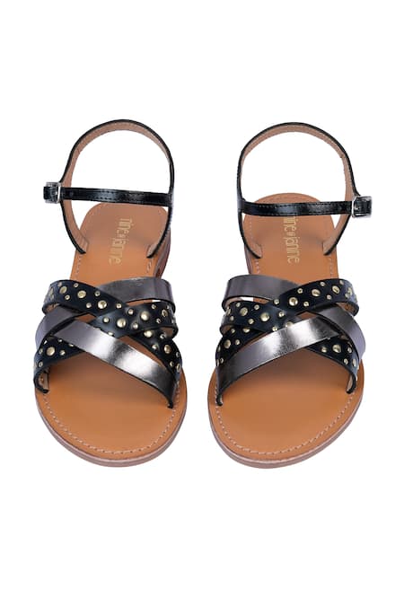 Nine By Janine Black Leather Rivet Strap Flats 