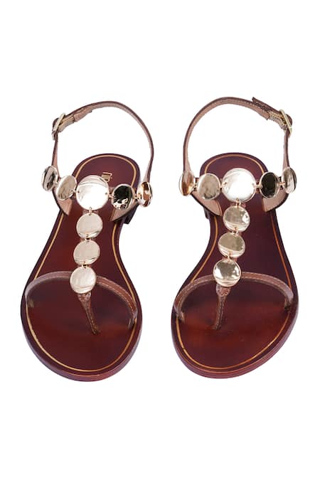 Nine By Janine Tan Leather Flat Sandals with Gold Ornaments 