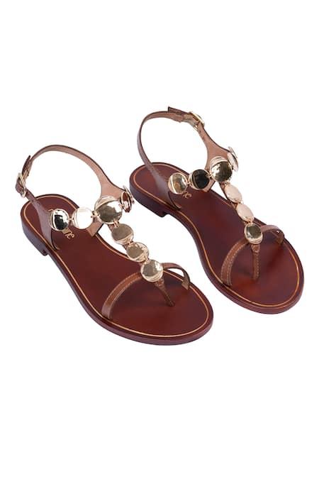 Nine By Janine Tan Leather Flat Sandals with Gold Ornaments 