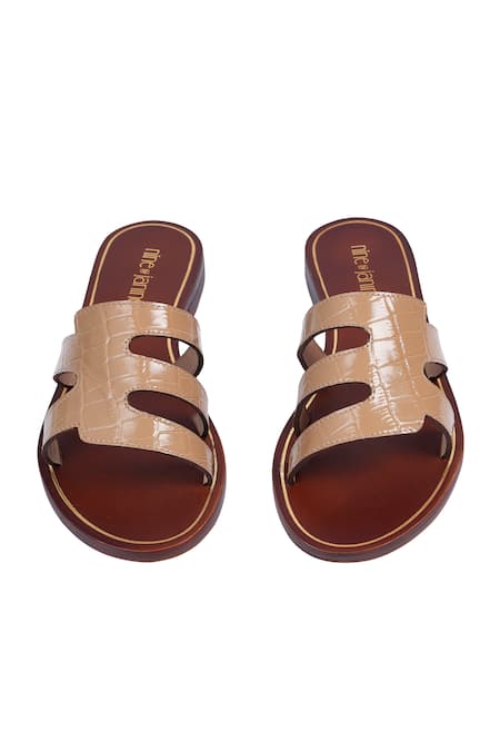 Nine By Janine Beige Croco Embossed Slide Flats 