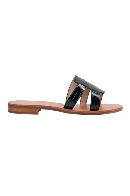 Nine By Janine Black Croco Embossed Slide Sandals Online at Aza Fashions Nine By Janine_Black Croco Embossed Slide Sandals _Online_at_Aza_Fashions