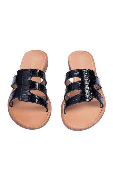 Nine By Janine Black Croco Embossed Slide Sandals 