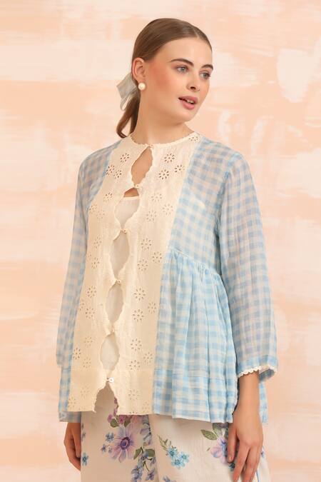 Buy_Dhaari_Blue Handloom Cotton Embroidery Button-down Hand Painted Top With Inner Slip 