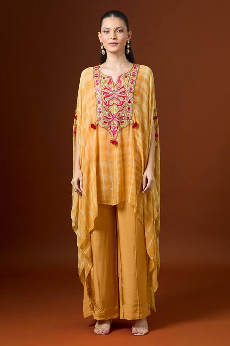 Shop_Yoshita Couture_Yellow Embroidery Round Neck Shibori Kaftan Set _Online_at_Aza_Fashions