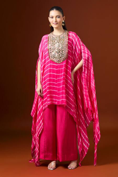 Shop_Yoshita Couture_Pink Embroidery, Beads Round Neck Stripe Kaftan Set _Online_at_Aza_Fashions