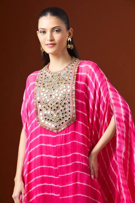 Yoshita Couture_Pink Embroidery, Beads Round Neck Stripe Kaftan Set _at_Aza_Fashions