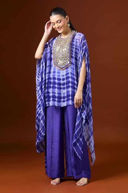 Shop_Yoshita Couture_Blue Beads Round Neck Shibori Effect Kaftan Set _Online_at_Aza_Fashions