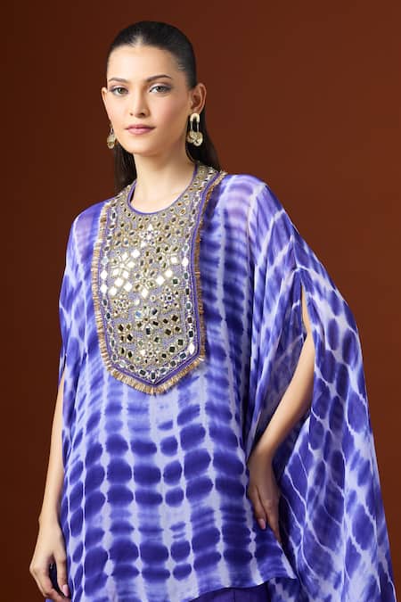 Yoshita Couture_Blue Beads Round Neck Shibori Effect Kaftan Set _at_Aza_Fashions