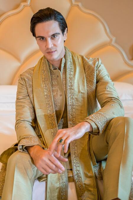 Jigar & Nikita_Green Linen, Satin Embroidery Olive Oleander Sherwani Set _Online_at_Aza_Fashions