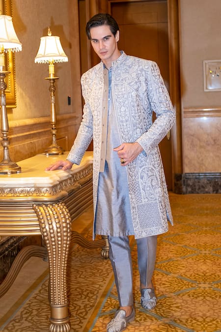Jigar & Nikita_Gray Embroidery Platinium Prince Sherwani Set  _Online_at_Aza_Fashions