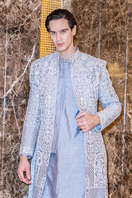 Buy_Jigar & Nikita_Gray Embroidery Platinium Prince Sherwani Set  _Online_at_Aza_Fashions