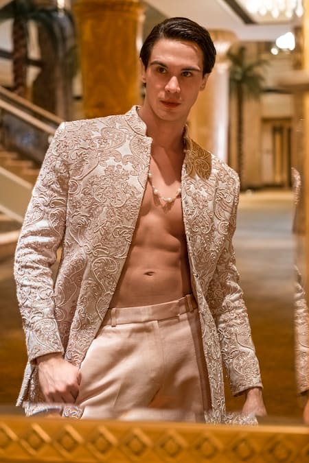 Jigar & Nikita_Ivory Jacquard, Tussar, Silk Satin Embroidery Grandoise Sherwani Set _Online_at_Aza_Fashions