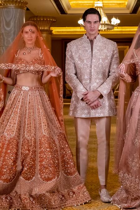 Buy_Jigar & Nikita_Ivory Jacquard, Tussar, Silk Satin Embroidery Grandoise Sherwani Set _Online_at_Aza_Fashions