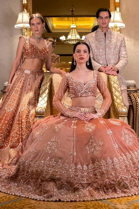 Shop_Jigar & Nikita_Ivory Jacquard, Tussar, Silk Satin Embroidery Grandoise Sherwani Set _Online_at_Aza_Fashions