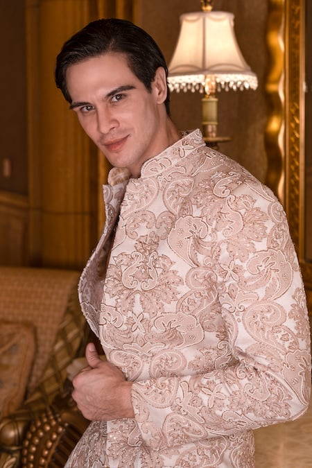 Jigar & Nikita_Ivory Jacquard, Tussar, Silk Satin Embroidery Grandoise Sherwani Set _at_Aza_Fashions