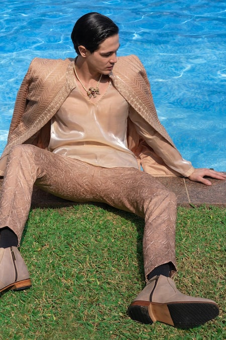 Jigar & Nikita_Gold Organza Embroidery Dusty Jacket Set _Online_at_Aza_Fashions