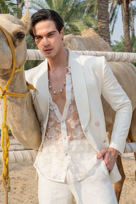 Jigar & Nikita_White Crepe, Satin, Organza Embroidery Procelain Prince Tuxedo Set _Online_at_Aza_Fashions